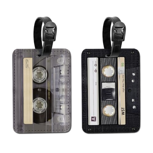 WIRESTER Set of 2 PU Leather Luggage Tag Name Tag Bag Tag for Travel Suitcase Baggage Luggage - Retro Cassette Tape, Retro Black Cassette Tape - color: Retro Cassette Tape, Retro Black Cassette Tape