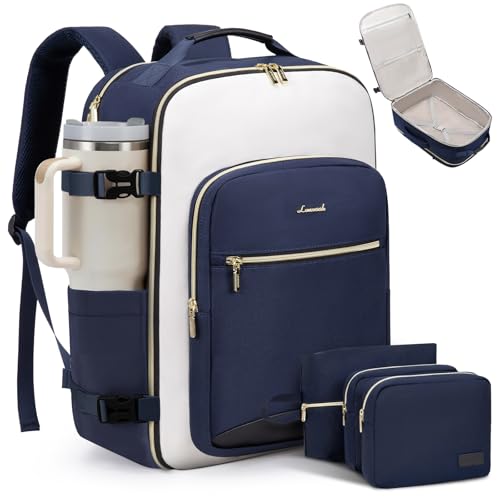 LOVEVOOK 50L Large Travel Backpack for Women & Men, Carry on Backpack Airline Approved, Waterproof Travel Essentials fits 18" Laptop, TSA Personal Item Bag Sports Backpack with 3 Packing Cubes - color: Dark Blue-beige-black, size: 18.5 Inch-50L-4Pcs