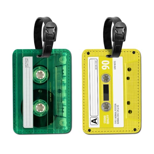 WIRESTER Set of 2 PU Leather Luggage Tag Name Tag Bag Tag for Travel Suitcase Baggage Luggage - Dark Green Cassette Tape, Yellow Cassette Tape - color: Dark Green Cassette Tape, Yellow Cassette Tape