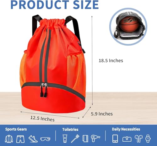 Drawstring Backpack Gym Bag with Shoe Compartment - Ideal for Basketball, Swimming, Beach Activities, Unisex - color: Red