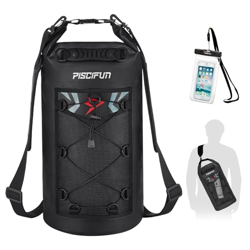 Piscifun Dry Bag, Waterproof Floating Backpack 10L/20L/30L/40L with Waterproof Phone Case for Boating, Kayaking, Fishing - color: Black, style: 20l