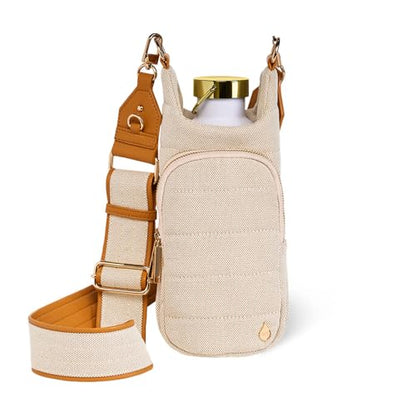 WanderFull® Original HydroBag®, Fits Up to 32 oz Water Bottle Holder with Strap, Gift for Women, Hands-Free Crossbody, Water Bottle Carrier Bag with Phone Pocket - color: Oatmeal Canvas