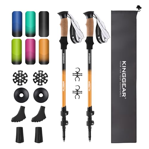KINGGEAR Nordic Walking Stick, TP1 Hiking Poles Retractable Lightweight 7075 Aluminum, Trekking Poles with Flip Lock, Natural Cork and EVA Grip, 2pc Hiking Gear - color: Orange