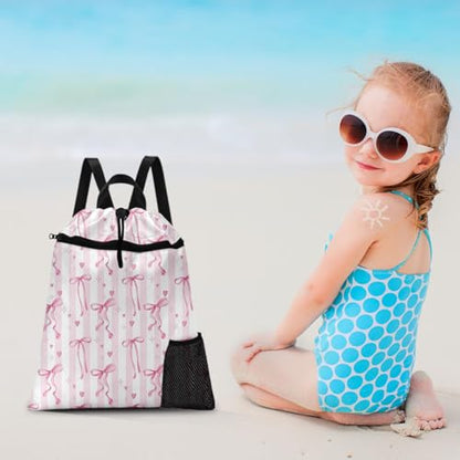 Pink Ribbon Bow Drawstring Backpack, 15” x 17” Waterproof Swim Bag for Beach Swimming Pool, Lightweight Foldable Gym Bag with Water Bottle Holder for Sports Travel - color: Pink Bows Stripes