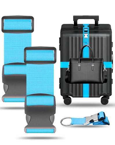 BILIONE 3Pcs Luggage Straps Set - 2 Suitcase Straps 70'' Long and 1 Add A Bag Strap, Adjustable Luggage Identifiers Nylon Travel Belt - color: Blue