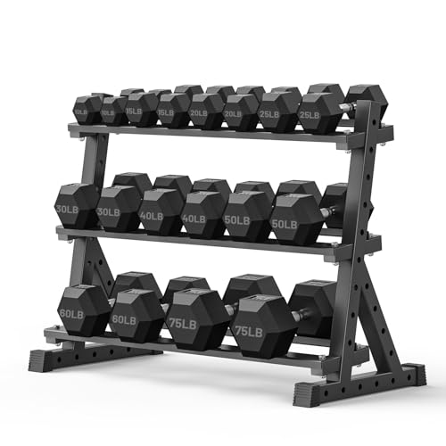 PAPABABE Hex Dumbbell Set with Rack, Rubber Encased Free Weight with Weight Storage Racks, Multiple Weight Options for Home Gym and Fitness - style: 650LB with 3-Tier Weight Rack