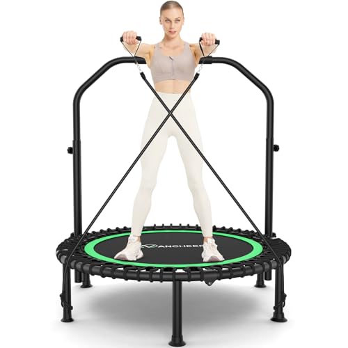 ANCHEER 40"/48" Foldable Mini Trampoline,Max Load 450lbs/550lbs Indoor Trampoline,with 4 Level Adjustable Foam Handle and Resistance Bands,Adult Exercise Trampoline for Home, Garden, and Gym - color: green, size: 48 inch
