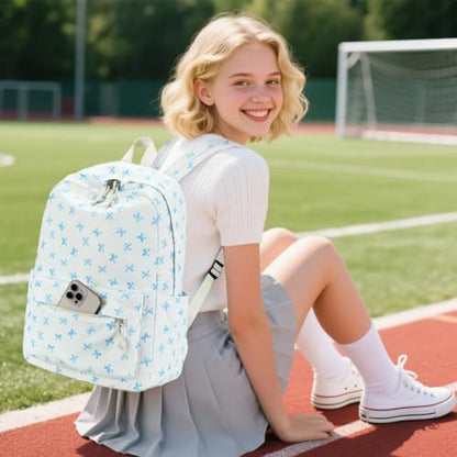 LEDAOU School Laptop Backpack for Teen Girls Lightweight 15.6 inch Bookbag for College Middle High School Women Casual Travel Daypack - color: Blue Bow-beige