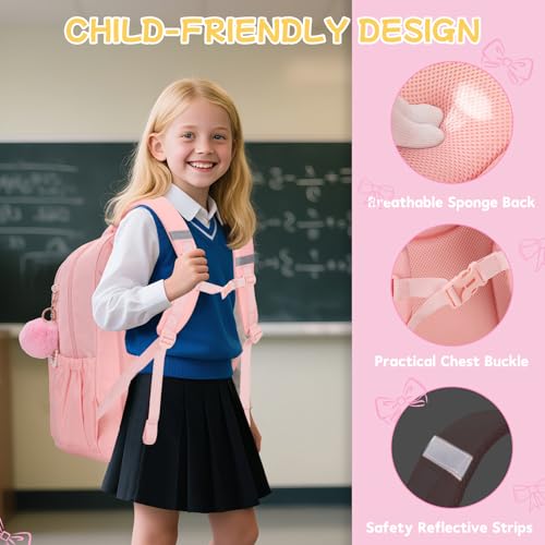 Girls Backpack, School Backpack for Girls, Cute Bow Kids Bookbag for Grils Children Teens for Elementary Middle High School Student, Pink - color: Pink