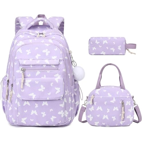 Bevalsa Backpack for Girls, 3PCS Corduroy Kids Backpack Set with Lunch Box & Pencil Pouch, Bookbag Daypack Laptop Bag for Women Teens Elementary Middle High School - color: Purple Butterfly