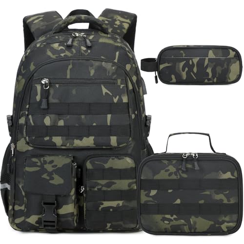 DIGOBAY Camo Backpack for Boys, Tactical Boy Backpacks for School, Kids Backpack With Lunch Box Pencil Case USB Charging Port Military Army SchoolBags for Boy Teens Kids Elementary Middle High School - color: Black Grey Camo