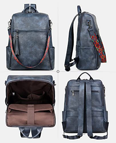 FADEON Leather Laptop Backpack for Women Designer 15.6 inch PU Laptop Bag, Ladies Travel Computer Work Backpack Blue - color: Dusty Blue Retro Style