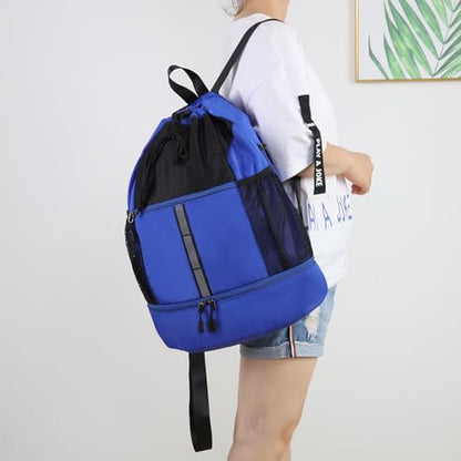 Valleycomfy Drawstring Gym Bag Sports Backpack With Shoe Compartment and Reflective Strips Royal Blue - color: Royal Blue