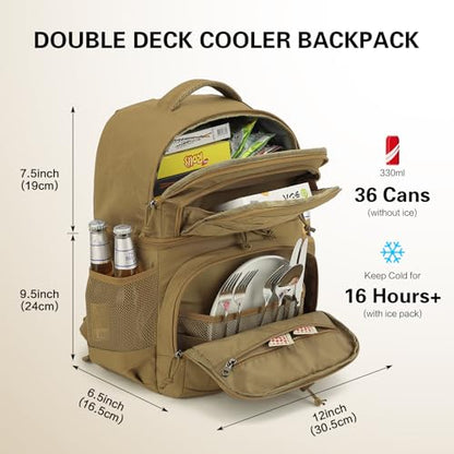 Tactical Double Deck Cooler Backpack for Men, Insulated Cooler Bag with 2 Compartment, 36 Cans Soft Military Insulated Lunch Backpack Waterproof Leakproof for Beach, Camping, Picnic, Hiking - color: Brown