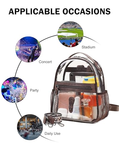 FADEON Clear Small Backpack Purse for Women, Designer Transparent Shoulder Handbag, PVC Mini Clear Bag for Stadium Approved - color: Coffee Brown Retro Style