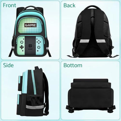 Kids Backpack For Boys，Gamer Boys Backpack For Children Teens Elementary Middle School, 17″ Students Bookbag - color: Backpack-sw-green & Blue
