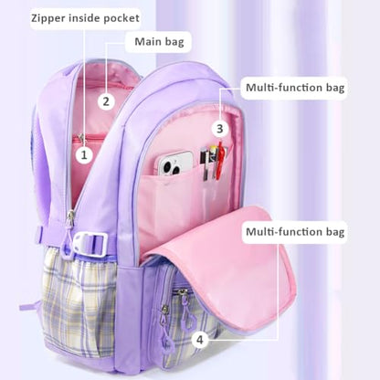 MCWTH Checkered Backpack for Teen Girls, Kawaii Cute Kids Elementary Student School Backpacks (Bow Purple) - color: Checkered Purple