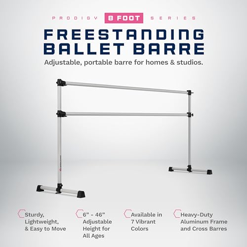 VITA Barre Portable Freestanding Double Ballet Barre, Prodigy, Aluminum | Adjustable Height, USA Made, Home or Gym Exercise Equipment for Kids & Adults | Dance, Fitness, Pilates - color: Satin Silver, style: 8 Ft