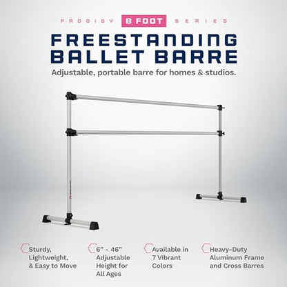 VITA Barre Portable Freestanding Double Ballet Barre, Prodigy, Aluminum | Adjustable Height, USA Made, Home or Gym Exercise Equipment for Kids & Adults | Dance, Fitness, Pilates - color: Satin Silver, style: 8 Ft
