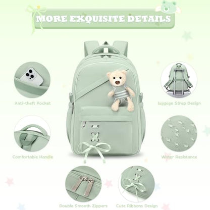ACESAK School Backpack for Girls - 3 PCS Cute Girls Backpack with Lunch Box & Pencil Case - Kawaii Casual Kids Bookbag School Bag Daypacks Set for Elementary Middle High School Student Teens (Green) - color: Green