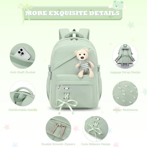 ACESAK School Backpack for Girls - 3 PCS Cute Girls Backpack with Lunch Box & Pencil Case - Kawaii Casual Kids Bookbag School Bag Daypacks Set for Elementary Middle High School Student Teens (Green) - color: Green