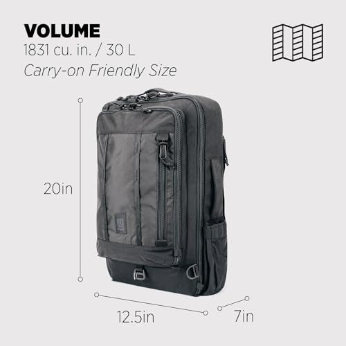 Topo Designs Global Travel Bag – 30L or 40L - Carry-On Compliant Most Airlines, Durable Travel Duffel Bag, Clam Shell Main Pocket, Laptop Sleeve, Backpack, Luggage (30L / Black) - color: Black, size: 30L
