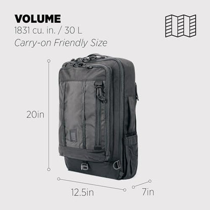 Topo Designs Global Travel Bag – 30L or 40L - Carry-On Compliant Most Airlines, Durable Travel Duffel Bag, Clam Shell Main Pocket, Laptop Sleeve, Backpack, Luggage (30L / Black) - color: Black, size: 30L