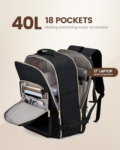 LOVEVOOK 40L Travel Backpack Flight Approved Carry on Backpack,3 Packing Cubes,Waterproof Personal Item Travel Bag,TSA Carry on Luggage Suitcase Travel Essentials,Gifts for Women & Men,fits 17" Laptop - color: Grey - Midnight Grey, size: Large-40L-4Pcs