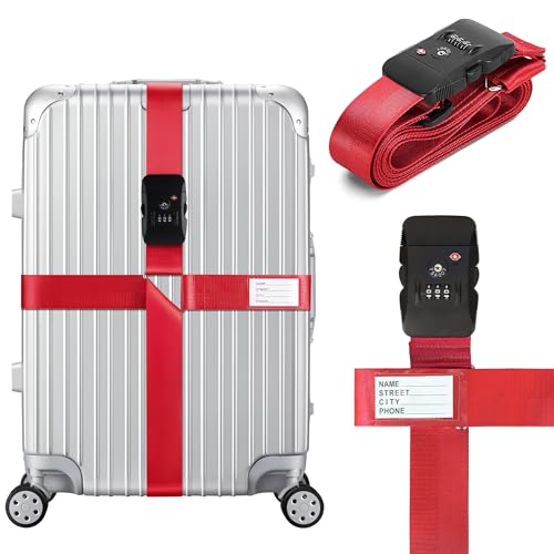 Luggage Straps TSA Approved with Combination Lock, Adjustable Suitcase Belts for 20"-32" Luggage, with Name ID Card for Identify, Travel Airport Accessories for Checked Bags (Cross Red) - color: Cross Red