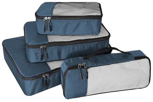 WTREE 4-Piece Packing Cubes Travel Accessories Set for Suitcases - Luggage Organizer Bags with Double Zipper - Mesh Top - Small/Medium/Large/Slim - Dark Blue - color: Dark Blue, size: Slim, Small, Medium, Large