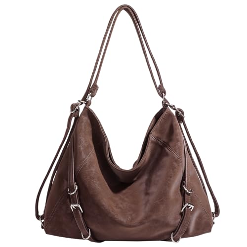 3-Way Convertible Hobo Bag for Women, Soft Shoulder Backpack, Casual Daily Tote Purse with Adjustable Strap - color: Coffee