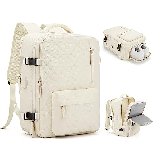 WONHOX Travel Carry On Backpack for Women, Waterproof Laptop Backpack for Traveling on Airplane Hiking Gym Backpack with USB Charging Port Shoe Compartment, Beige - color: A62-beige, size: Large