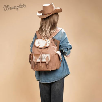 Montana West Wrangler Backpack Purse for Women Hair-on Cowhide Backpacks Western Travel Bags - color: Cowhide Khaki