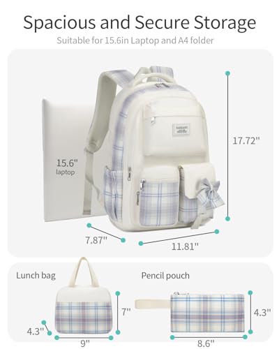 Teen Girl School Backpack with Lunch Box, Cute Bookbag with Laptop Compartment for Big Student Women College Mochilas Escolares para Niñas, Beige - color: Beige, size: 15.6in-3 pack