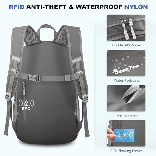 Seektop Lightweight Packable Hiking Backpack Water Resistant Expandable 20L-28L for Women Men, RFID Day Pack for Travel - color: Grey
