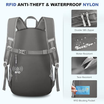 Seektop Lightweight Packable Hiking Backpack Water Resistant Expandable 20L-28L for Women Men, RFID Day Pack for Travel - color: Grey