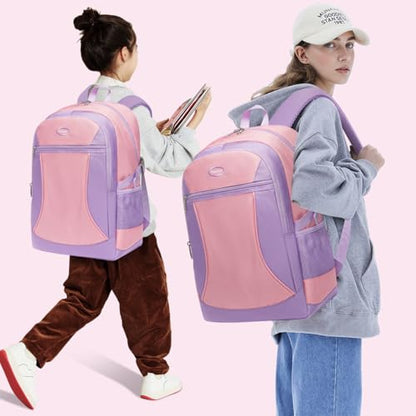 Girls Backpack for Kids Back to School Bag Pink Purple Bookbag Big Child Children Book Bag Ages 8-10 10-12 Years Old Large Gifts Tween Middle High Schoolbag Back to School with Laptop Compartment 18" - color: Purplepink