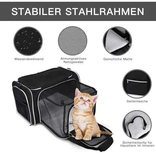 BAGLHER Cat Carrier Bag,Airline Approved Pet Carrier Soft Side Pet Travel 5 Sides Open Doors 3 Sides Expandable Foldable Dog Carrier with Fleece Pad - color: Black, size: 17.5"L x 12.0"W x 11.5"H