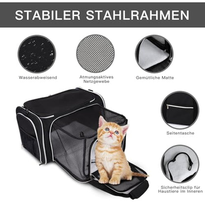 BAGLHER Cat Carrier Bag,Airline Approved Pet Carrier Soft Side Pet Travel 5 Sides Open Doors 3 Sides Expandable Foldable Dog Carrier with Fleece Pad - color: Black, size: 17.5"L x 12.0"W x 11.5"H