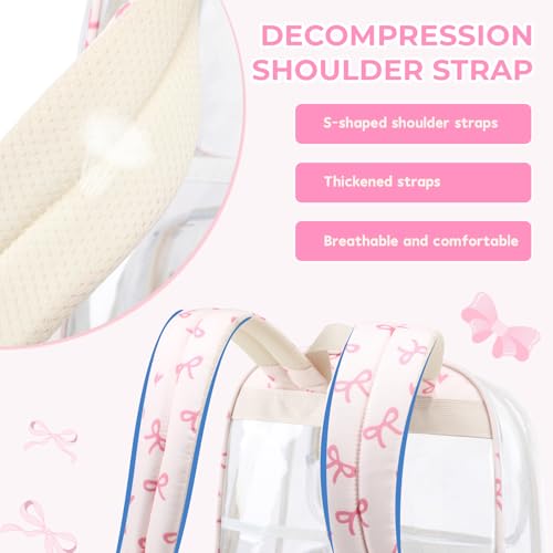 Sisipoet Clear Backpack for Girls with Bow Print, Heavy Duty Transparent Bookbag for School, Stadium, and Concert, Beige - color: White/Bow