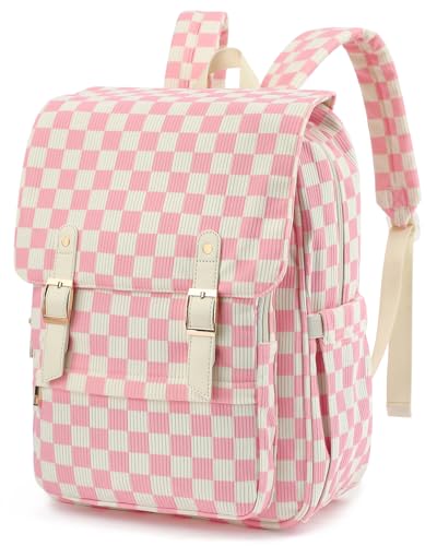 Corduroy Laptop Backpack for Women, Fits 15.6 Inch Computer Bag, College High School Bookbag Travel Daypack Purse, Work Business Bags - Corduroy Checkered Pink - color: Corduroy Checkered Pink