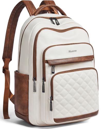 Bluome Work Backpack for Women Men, Laptop Vegan Leather Backpack Purse with 15.6–17 Inch Laptop, Multi-Pocket Bookbag for Office Travel Gym Weekend Overnight Bag, Beige - color: Beige