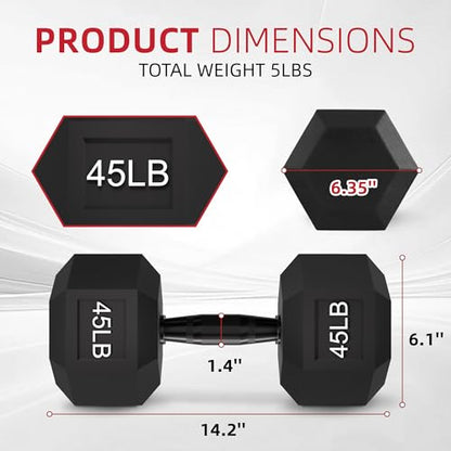 Rubber Encased Hex Weights Dumbbells Set of 5 – 50 lb Pair | Cast Iron Hand Weights with Anti-Slip Grip for Home Gym Strength Training - size: 45 lbs Pair