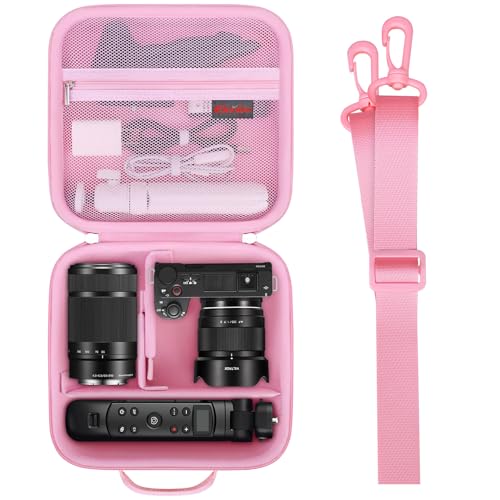 Elonbo Carrying Case for Sony ZV-E10 / ZVE10 II Mirrorless Camera, Portable Digital Camera Hard Travel Bag Storage Holder. Mesh Pocket Fits Interchangeable Lens, Card Reader, Cable, Tripod. Pink - color: Pink
