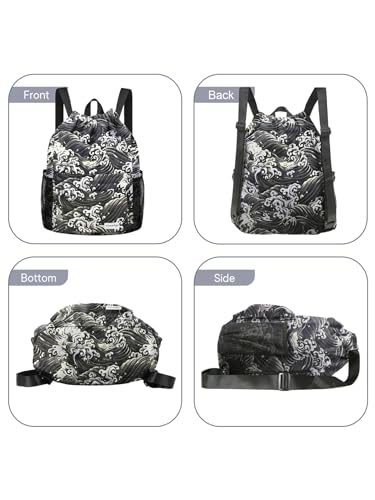Waterproof Drawstring Backpack Sports Gym Sackpack with Mesh Pockets Water-Resistant String Cinch Beach Bag for Men Women - color: Print - Black Waves