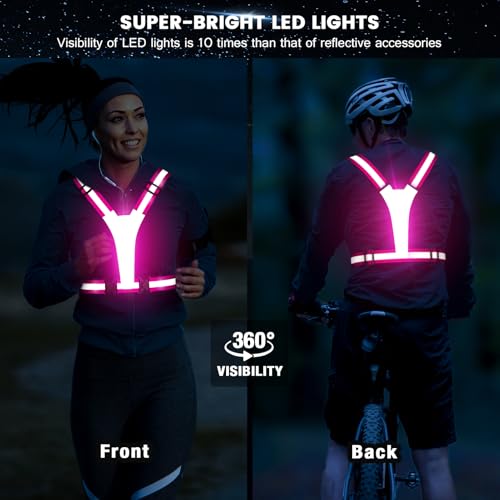 Fokia Kunbio LED Reflective Running Vest Gear,Light Up Vest Runners Night Walking USB Rechargeable,Up to 11hrs Light with Adjustable Waist/Shoulder for Women Men Kids - color: Pink