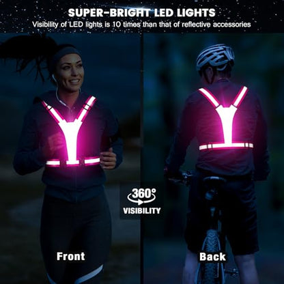 Fokia Kunbio LED Reflective Running Vest Gear,Light Up Vest Runners Night Walking USB Rechargeable,Up to 11hrs Light with Adjustable Waist/Shoulder for Women Men Kids - color: Pink