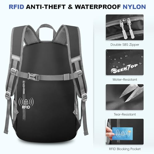 Seektop Lightweight Packable Hiking Backpack Water Resistant Expandable 20L-28L for Women Men, RFID Day Pack for Travel - color: Black