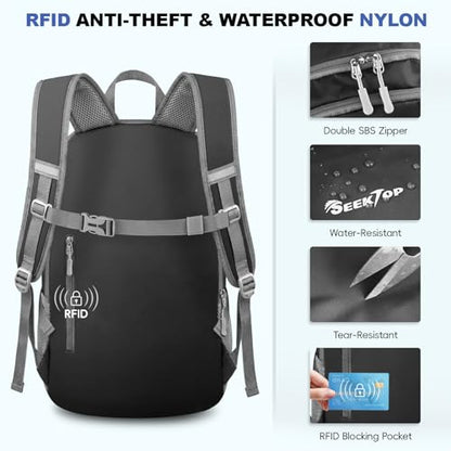 Seektop Lightweight Packable Hiking Backpack Water Resistant Expandable 20L-28L for Women Men, RFID Day Pack for Travel - color: Black