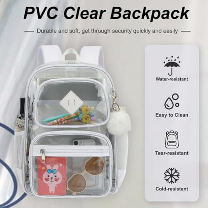 Heavy Duty Clear Backpack for Girls Boys Transparent School Bookbag Kids Durable PVC See Through Backpack-White - color: White